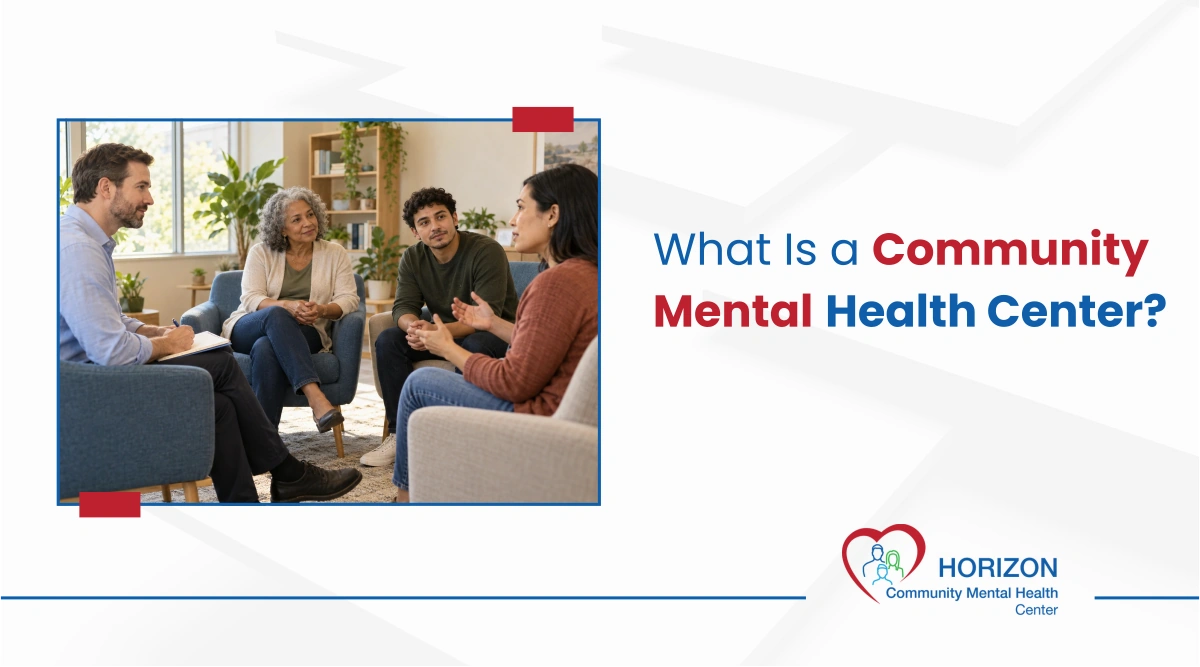 Counselor leading a supportive group discussion with adults in a welcoming Horizon community mental health center 